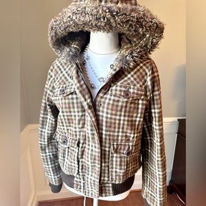 ROXY plaid jacket with faux fur trimmed hood